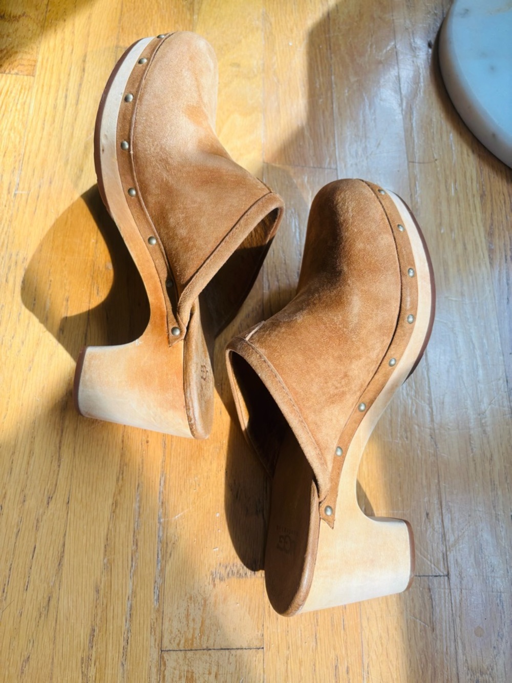 UGG Tan Suede Studded Wooden Clog Mules - Picture 5 of 10